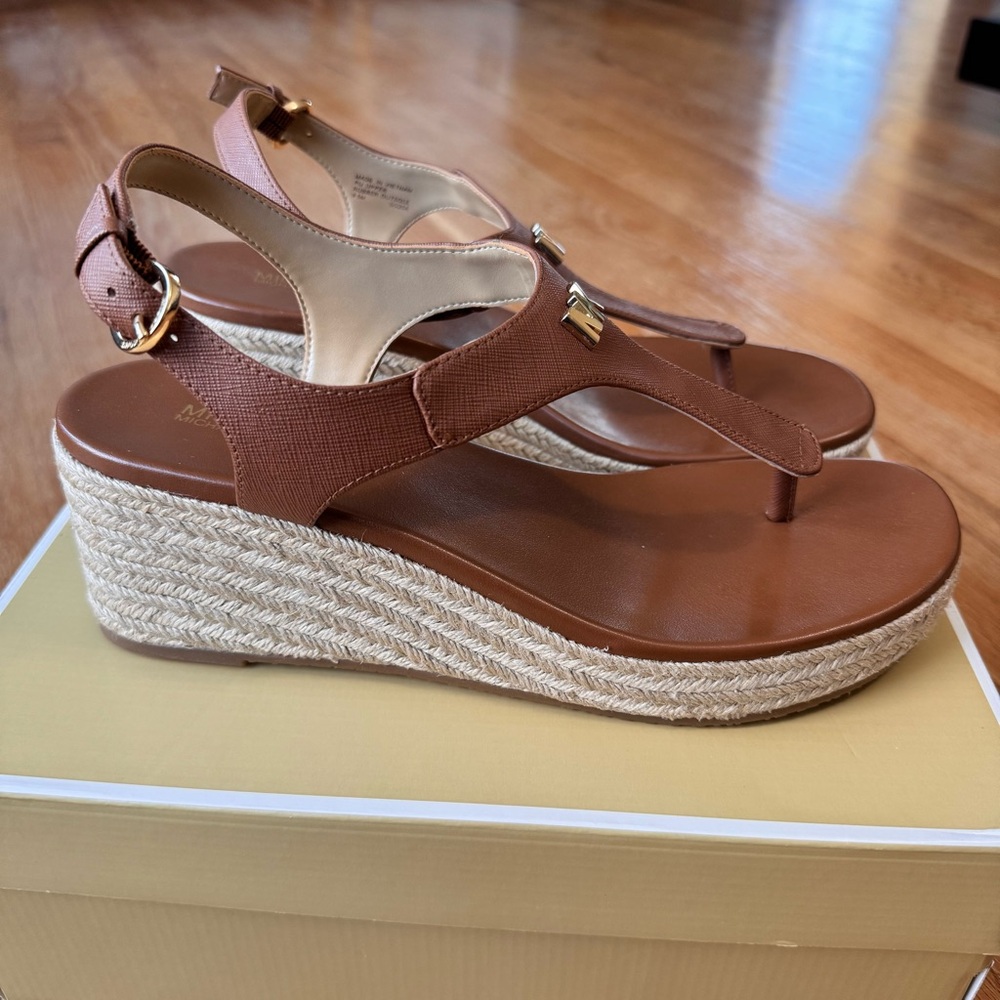 Michael Kors Brown Leather Espadrille Wedge Sandals with Gold Logo - Picture 2 of 9